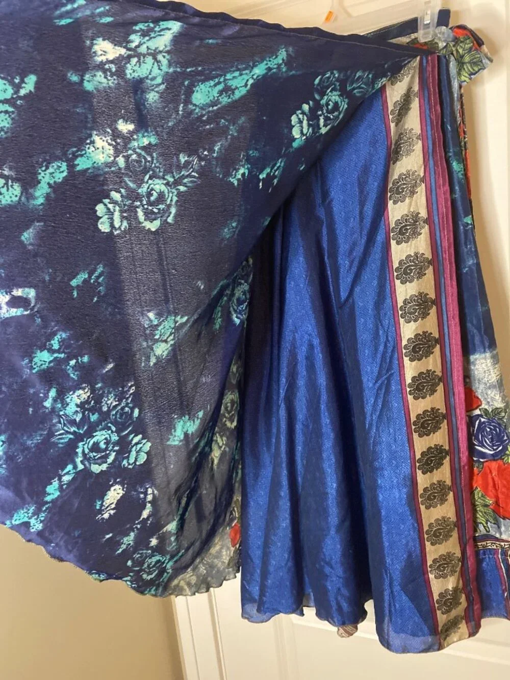 Reversible Sari Silk Magic Wrap Skirt Blue Boho Festival Hippie Maxi India OS